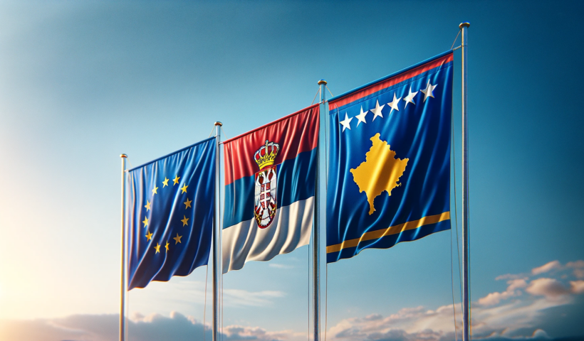 A realistic image featuring the flags of the European Union, Serbia, and Kosovo.