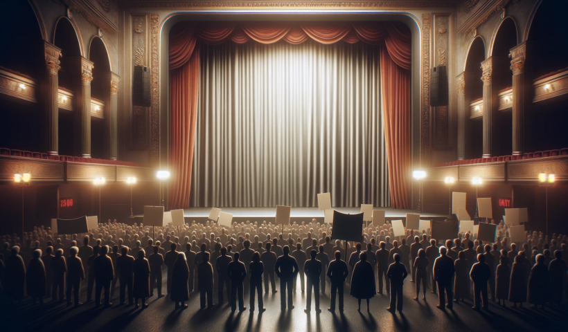 A-realistic-image-of-the-interior-of-a-theater-in-16_9-format.-The-view-is-from-the-stage-showing-a-closed-curtain-in-the-background.-In-front-of-the